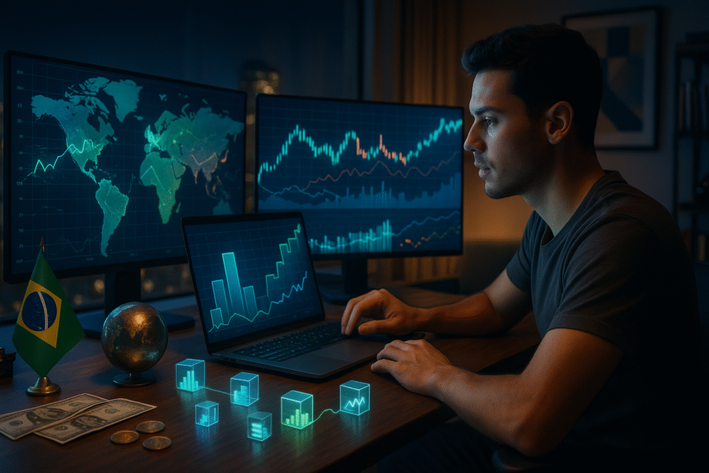 investidor de varejo olhando para grafico em alta de etf de moda com expressao de medo de ficar de fora
