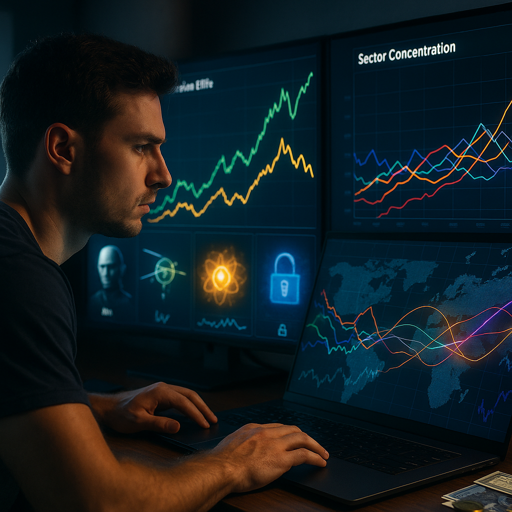 investidor analisando varios etfs tematicos de ia defesa uranio e ciberseguranca em tela de computador